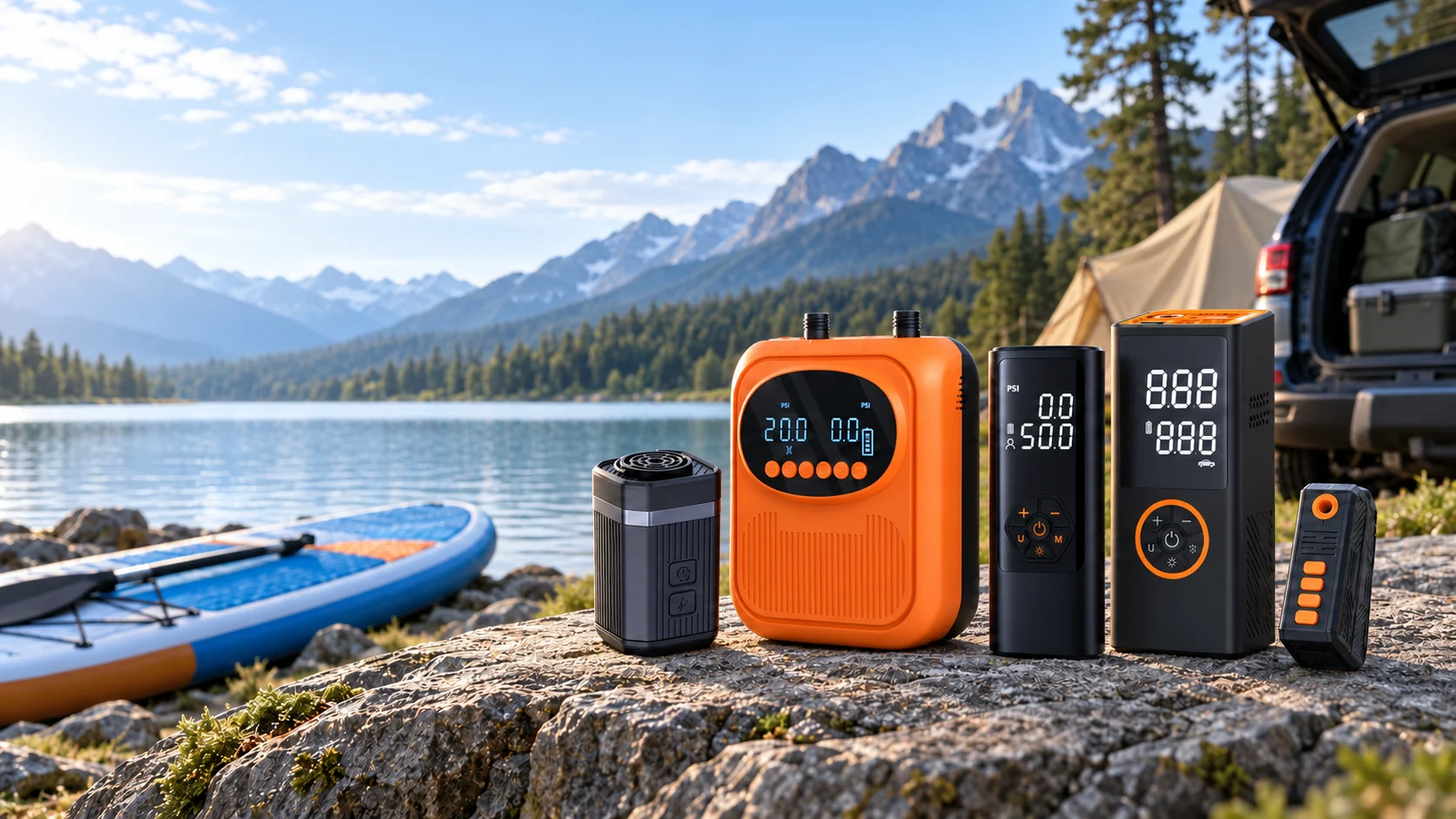 Changyang air pump collection beside a mountain lake with a SUP board and vehicle
